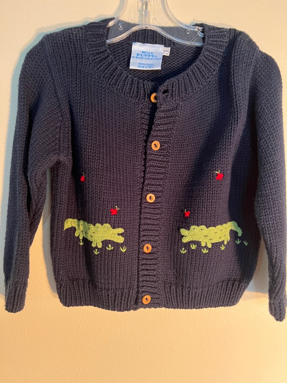 Vintage Bella Bliss Navy Boys Cardigan with Green Crocodile Appliqués Adorable
